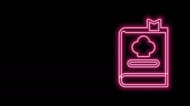 Parlayan neon hattı yemek kitabı simgesi siyah arkaplanda izole edildi. Yemek kitabı ikonu. Yemek tarifi kitabı. Çatal ve bıçak ikonları. Çatal bıçak sembolü. 4K Video hareketli grafik canlandırması