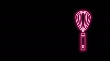 Parlayan neon hattı Mutfak çırpma simgesi siyah arkaplanda izole edildi. Mutfak aletleri, yumurta çırpıcı. Çatal bıçak seti. Yemek karışımı sembolü. 4K Video hareketli grafik canlandırması