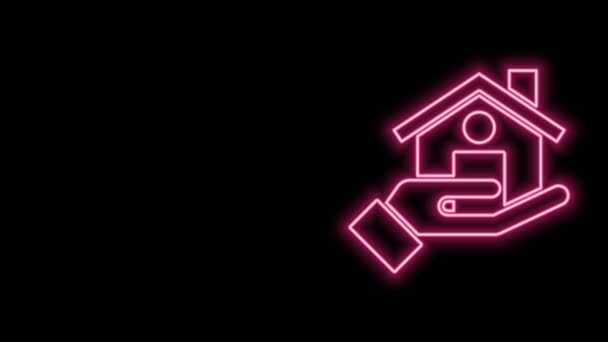 Gloeiende neon lijn Realtor pictogram geïsoleerd op zwarte achtergrond. Een huis kopen. 4K Video motion grafische animatie — Stockvideo