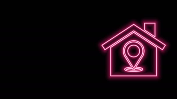 黒の背景に独立した家のアイコンとネオンラインマップポインタを光る。ホームロケーションマーカーシンボル。4Kビデオモーショングラフィックアニメーション — ストック動画