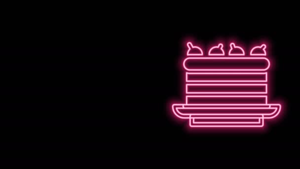 Сяюча неонова лінія Піктограма торта ізольована на чорному тлі. З днем народження. 4K Відео рух графічна анімація — стокове відео