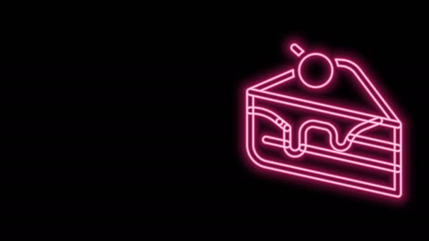 Glowing neon line Piece of cake icon isolated on black background. Happy Birthday. 4K Video motion graphic animation — Stock Video