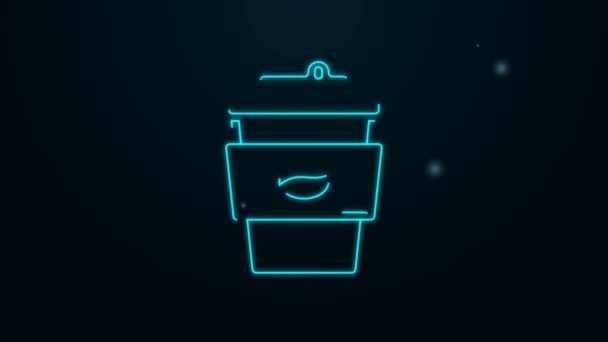 Leuchtende Neon-Linie Kaffeetasse to go Symbol isoliert auf schwarzem Hintergrund. 4K Video Motion Grafik Animation — Stockvideo