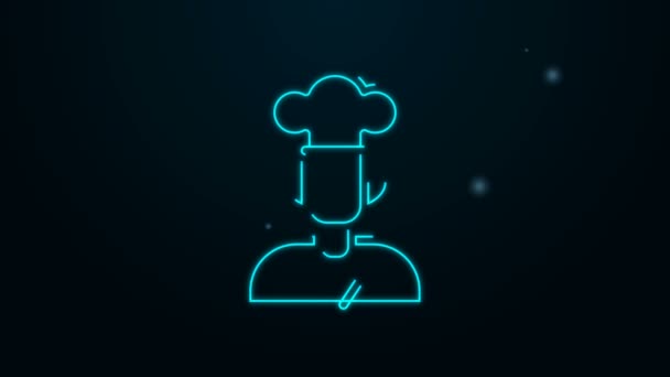 Linea neon incandescente icona Cook isolata su sfondo nero. Simbolo dello chef. Animazione grafica 4K Video motion — Video Stock