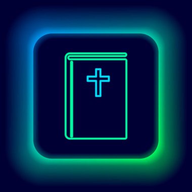 Parlayan neon hattı kutsal kitap ikonu siyah arka planda izole edildi. Renkli taslak konsepti. Vektör