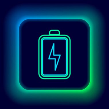 Parlayan neon çizgisi Batarya simgesi siyah arkaplanda izole edildi. Şimşek sembolü. Renkli taslak konsepti. Vektör