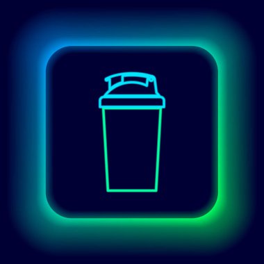 Parlayan neon hattı fitness karıştırıcı simgesi siyah arkaplanda izole edildi. Su ve protein kokteylleri için kapaklı spor karıştırıcı şişesi. Renkli taslak konsepti. Vektör