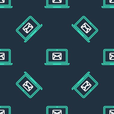 Zarflı dizüstü bilgisayar ve ekran simgesinde açık e- posta siyah arkaplanda izole edilmiş dikişsiz desen. E-posta pazarlama, internet reklamcılığı kavramları. Vektör