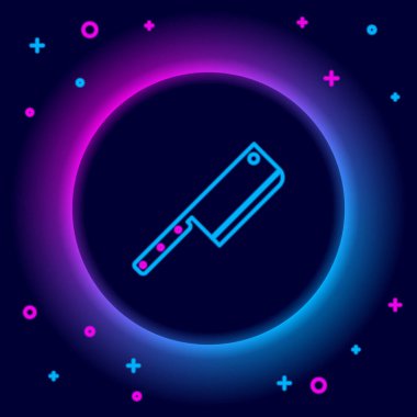 Parlayan neon hattı Et Helikopteri simgesi siyah arkaplanda izole edildi. Et için mutfak bıçağı. Kasap bıçağı. Renkli taslak konsepti. Vektör