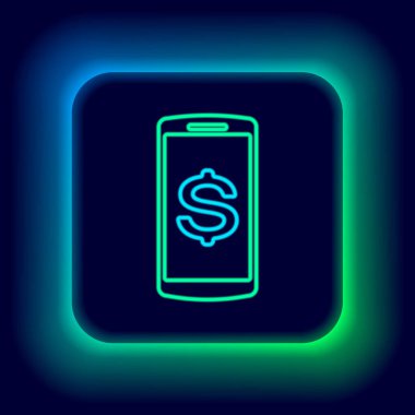 Siyah arkaplanda dolar sembolü olan parlak neon hattı Smartphone. İnternetten alışveriş konsepti. Finansal cep telefonu. Çevrimiçi ödeme. Renkli taslak konsepti. Vektör