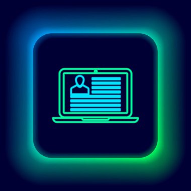 Simgesi siyah arkaplanda izole edilmiş parlak neon hattı dizüstü bilgisayarı. Özgeçmiş başvurusu. Profesyonel personel aranıyor. Personel analizi devam ediyor. Renkli taslak konsepti. Vektör