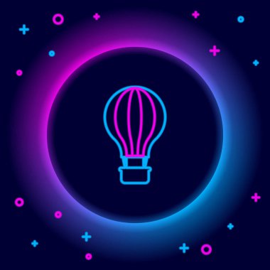 Parlayan neon hattı Sıcak hava balonu simgesi siyah arkaplanda izole edildi. Seyahat için hava taşımacılığı. Renkli taslak konsepti. Vektör