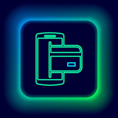 Parlayan neon hattı NFC Ödeme simgesi siyah arkaplanda izole edildi. Cep telefonu ödemesi. NFC akıllı telefon konsepti. Aktarım simgesi. Renkli taslak konsepti. Vektör