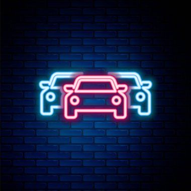 Parlak neon çizgili araba simgesi tuğla duvar arkasında izole edildi. Renkli taslak konsepti. Vektör