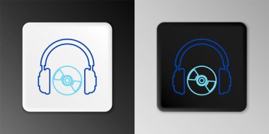 Gri arkaplanda hat kulaklıkları ve CD veya DVD simgesi izole edildi. Kulaklık işareti. Küçük disk sembolü. Renkli taslak konsepti. Vektör