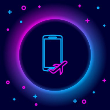 Cep telefonu simgesinde parlayan neon hattı uçuş modu siyah arkaplanda izole edildi. Uçak ya da uçak çevrimdışı mod yolcu tüzüğü havayolu. Renkli taslak konsepti. Vektör