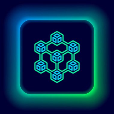 Parlayan neon hattı Blockchain teknolojisi simgesi siyah arkaplanda izole edildi. Kripto para birimi verileri. Soyut geometrik blok zincir ağ teknolojisi işi. Renkli taslak konsepti. Vektör
