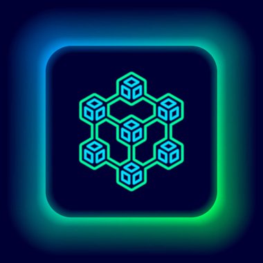 Parlayan neon hattı Blockchain teknolojisi simgesi siyah arkaplanda izole edildi. Kripto para birimi verileri. Soyut geometrik blok zincir ağ teknolojisi işi. Renkli taslak konsepti. Vektör
