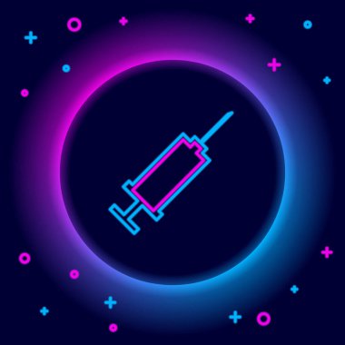 Parlayan neon çizgisi şırınga simgesi siyah arkaplanda izole edildi. Aşı için şırınga, aşı, iğne, grip aşısı. Tıbbi ekipman. Renkli taslak konsepti. Vektör