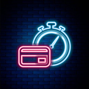 Parlayan neon hattı hızlı ödeme simgesi tuğla duvar arka planında izole edildi. Hızlı para transferi ödemesi. Finansal hizmetler, hızlı kredi, zaman para, nakit iade konsepti. Renkli taslak konsepti. Vektör
