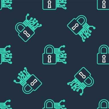 Siber güvenlik simgesi siyah arkaplanda kusursuz desen tespit etti. Dijital devre kartında kapalı asma kilit. Güvenlik kavramı. Dijital veri koruması. Vektör