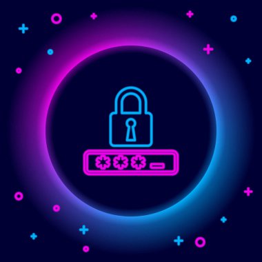 Parlayan neon hattı parola koruması ve siyah arkaplanda izole edilmiş güvenlik erişim simgesi. Kilit simgesi. Güvenlik, güvenlik, koruma, gizlilik kavramı. Renkli taslak konsepti. Vektör