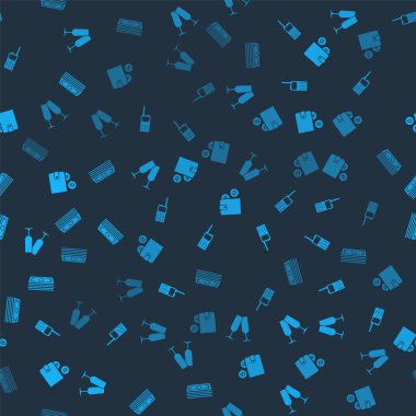 Şampanya kadehleri, telsiz, bozuk paralı cüzdan ve kağıt para. Vektör.