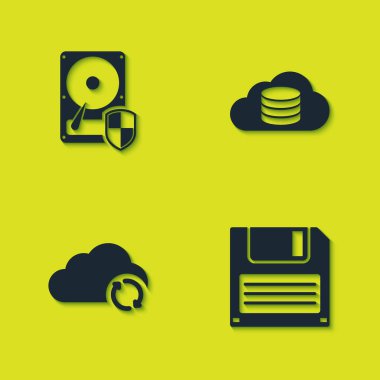 Sabit disk sürücüsü koruması, Disket, Bulut eşzamanlama ve veritabanı simgesini ayarla. Vektör.