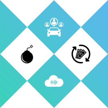 Bombayı patlamaya hazır hale getirin, müzik yayın servisi, araba paylaşımı ve para iadesi ikonu. Vektör.