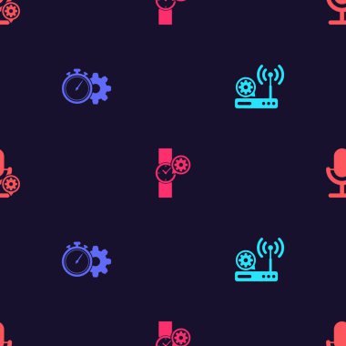 Yönlendirici ve kablosuz ağ ayarı, zaman yönetimi, bilek saati ve mikrofonu kusursuz desene ayarlayın. Vektör.