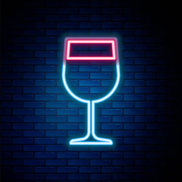 Brillante Línea Neón Icono Cristal Vino Aislado Fondo Pared Ladrillo — Vector de stock