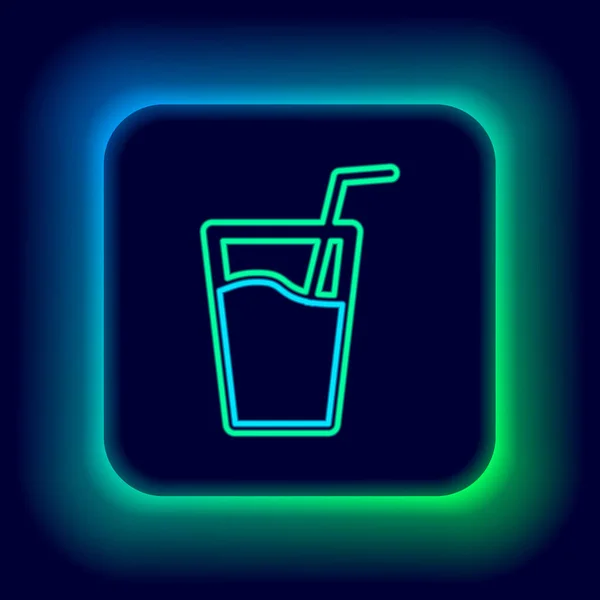 Brillante Línea Neón Vidrio Con Agua Tubo Para Beber Icono — Vector de stock