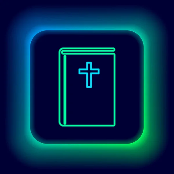 Parlayan Neon Hattı Kutsal Kitap Ikonu Siyah Arka Planda Izole — Stok Vektör