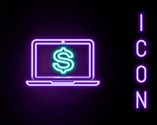 Gloeiende Neon Lijn Laptop Met Dollarsymbool Pictogram Geïsoleerd Zwarte Achtergrond — Stockvector