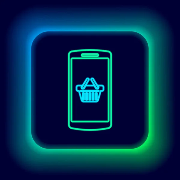 Glowing Neon Line Shopping Basket Screen Smartphone Icon Isolated Black — Stock Vector