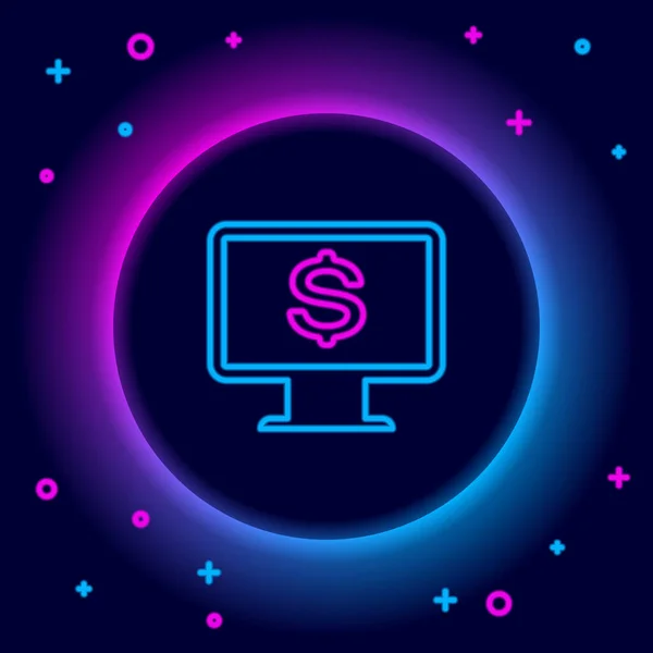 Leuchtender Neonliniger Computermonitor Mit Dollarsymbol Auf Schwarzem Hintergrund Finanzsicherheitskonzept Für — Stockvektor