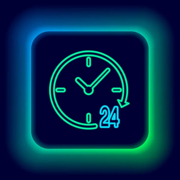 ネオンラインの時計を光る黒の背景に隔離された24時間のアイコン 丸一日アイコン 24時間サービスシンボル カラフルなアウトラインコンセプト ベクトル — ストックベクタ