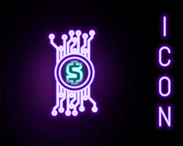 Glödande Neon Linje Cryptocurrency Bitcoin Cirkel Med Microchip Krets Ikon — Stock vektor