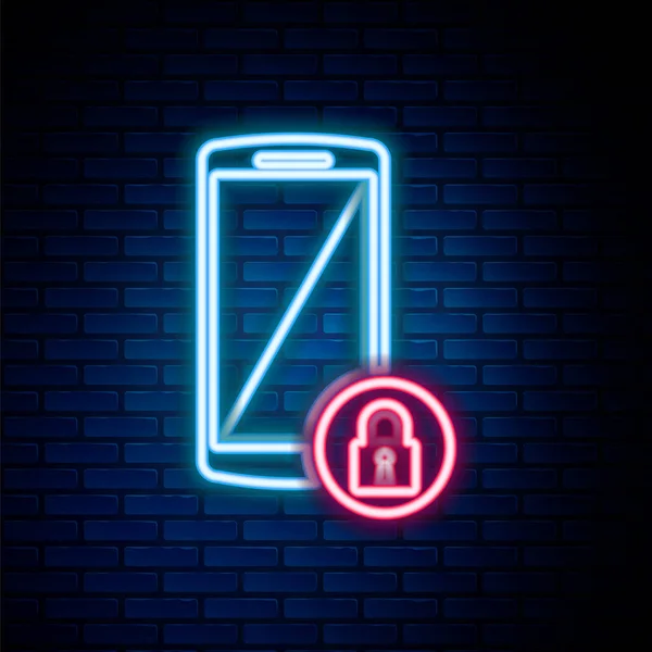 Leuchtendes Neon Line Smartphone Mit Geschlossenem Vorhängeschloss Symbol Isoliert Auf — Stockvektor