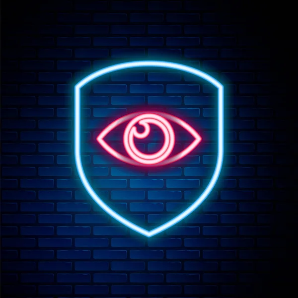 Glowing Neon Line Shield Eye Icon Isolated Brick Wall Background — Stock Vector