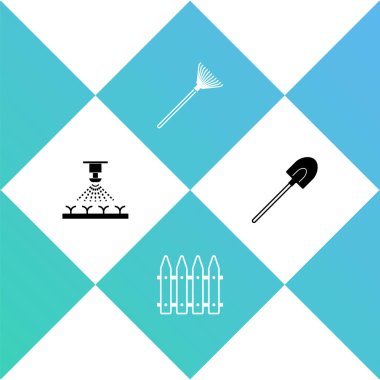 Otomatik sulama fıskiyeleri, bahçe çitleri, yapraklar için tırmık ve kürek simgesi ayarla. Vektör.