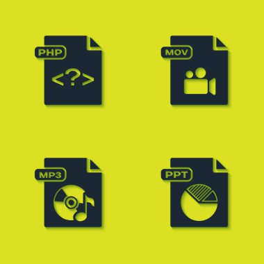 PHP dosya belgesini, PPT, MP3 ve MOV simgesini ayarla. Vektör.