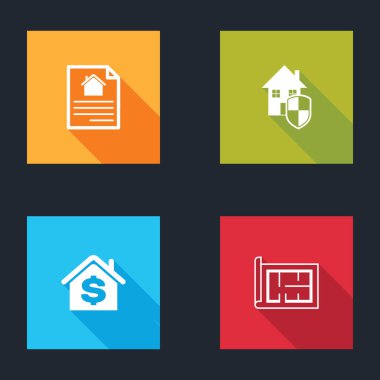 Ev sözleşmesini dolar ve plan ikonuyla birlikte koruma altına alın. Vektör.