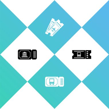 Müze bileti, otobüs, havayolu ve ikon ayarla. Vektör.