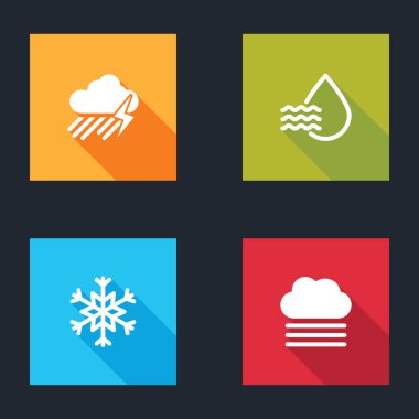 Bulut 'u yağmur ve yıldırımla, su damlası yüzdesiyle, Kar Tanesi ve Sis Bulutu simgesiyle ayarla. Vektör.