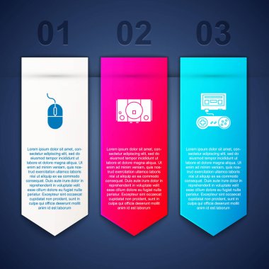 Bilgisayar faresi, oyun konsolu ve Oyun 'u joystick ile ayarla. Ticari bilgi şablonu. Vektör.