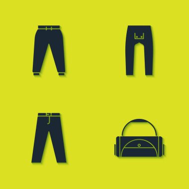 Spor pantolonunu, çantasını, pantolonunu ve ikonunu hazırla. Vektör.