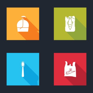 Bir şişe sıvı sabun, okyanus plastik kirliliğini, tek kullanımlık kaşığı ve ölü kuşu, ikonu durdurun. Vektör.