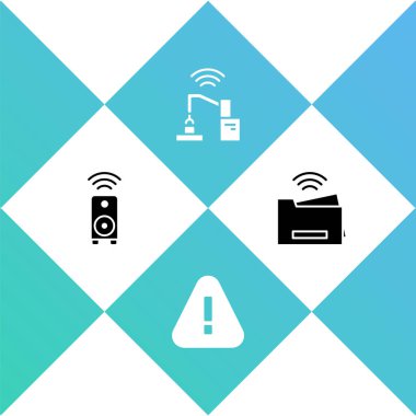 Smart stereo hoparlörü, üçgen ünlem işareti, robot kol fabrikası ve yazıcı simgesi ayarla. Vektör.