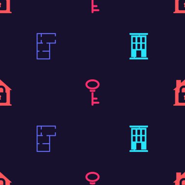 Ev 'i, planı, anahtarı ayarlayın ve kusursuz bir şekilde korunuyor. Vektör.